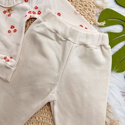 Conj. Casaco Florzinhas Laranjas e Calça de Moletom - Areia 